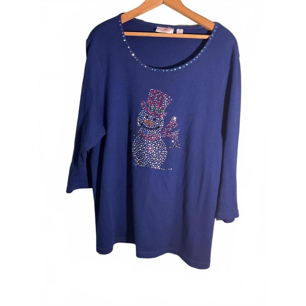 Quacker Factory Blue Long Sleeve Top with Sparkling Snowman Design 1X